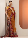 Mustard Leheriya Printed Cotton Blend Saree With Unstitched Blouse Piece
