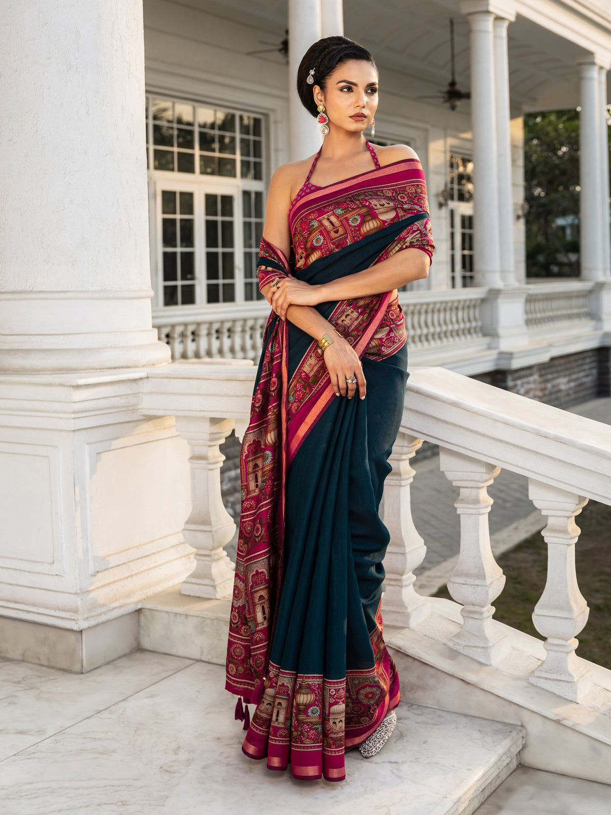 Teal Solid Cotton Blend Saree With Unstitched Blouse Piece