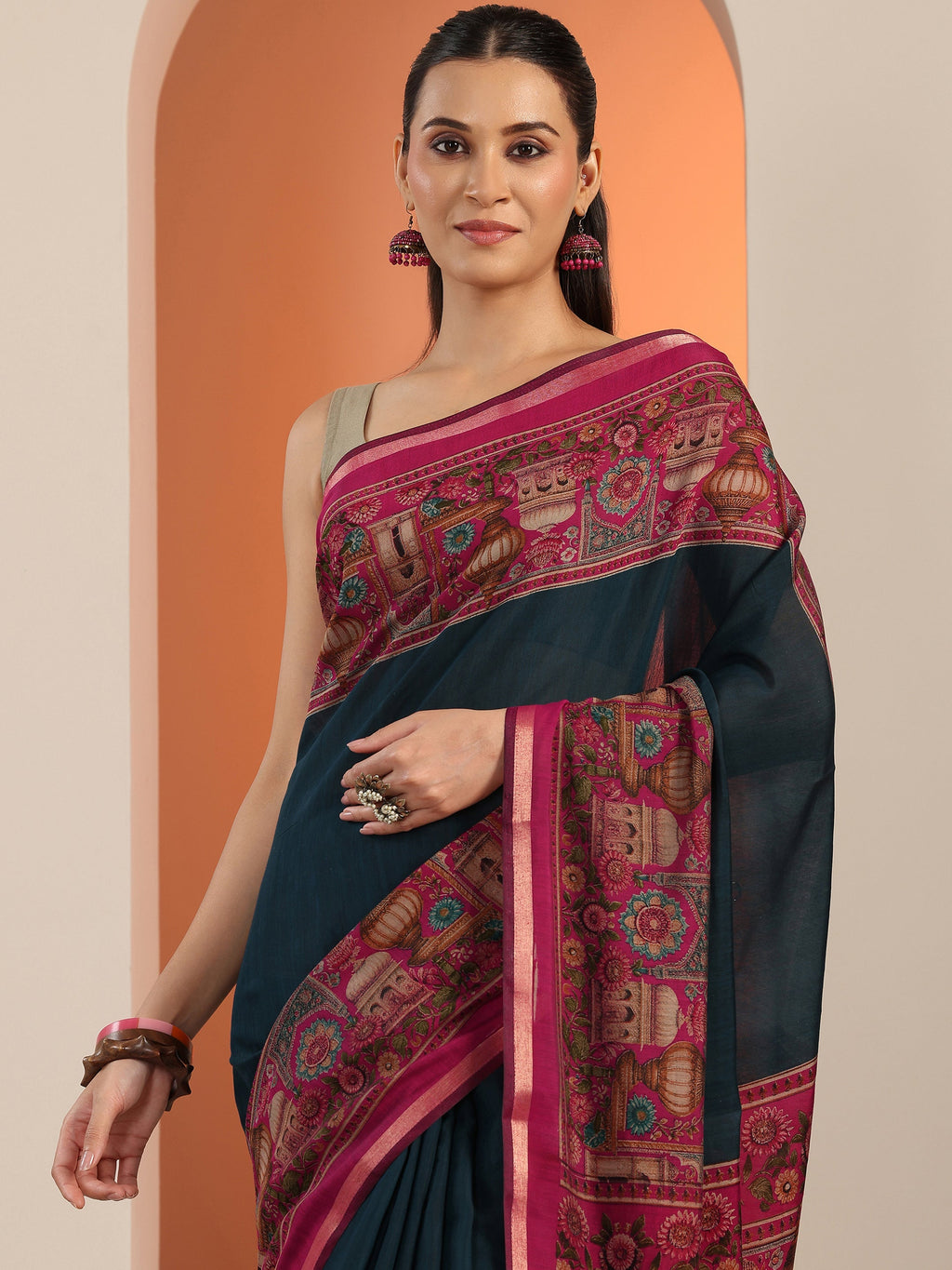 Teal Solid Cotton Blend Saree With Unstitched Blouse Piece