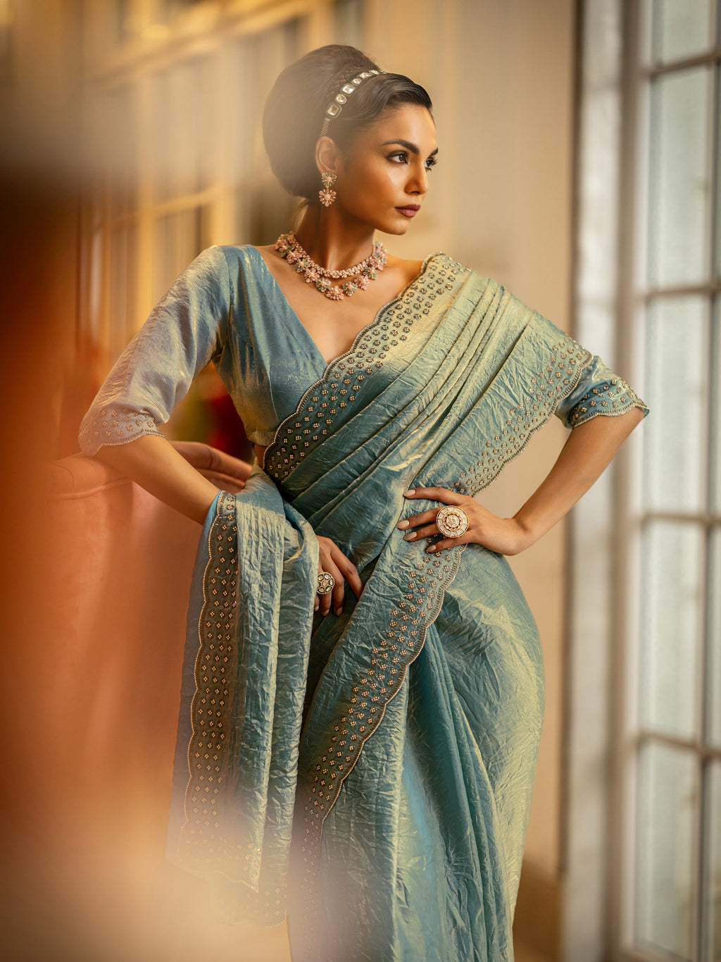 Teal Solid Satin Saree With Unstitched Blouse Piece
