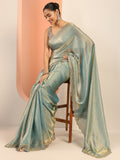 Teal Solid Satin Saree With Unstitched Blouse Piece
