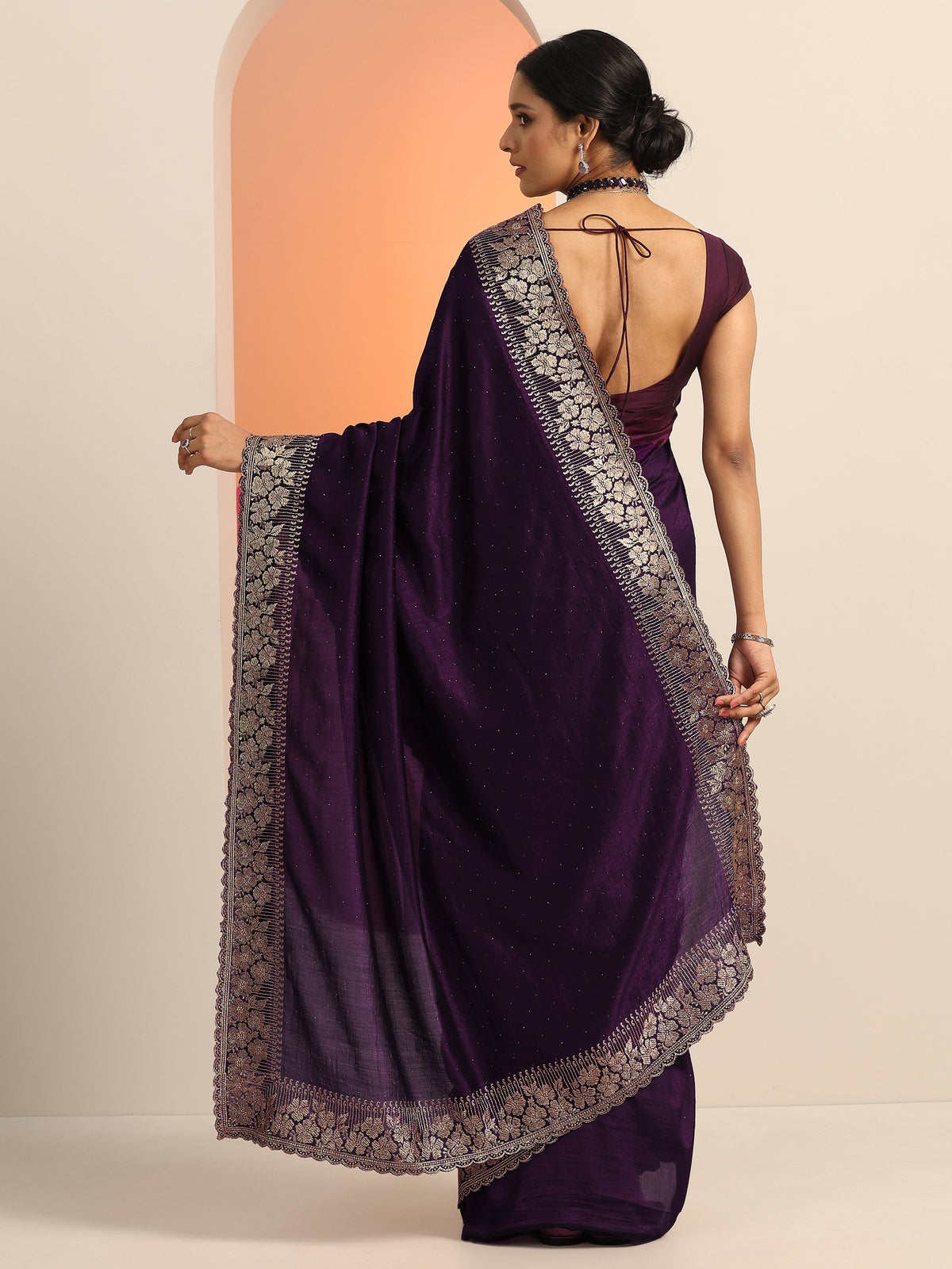 Burgundy Embellished Silk blend Saree With Unstitched Blouse Piece