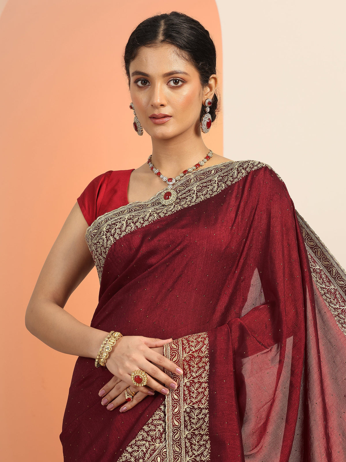 Maroon Embellished Silk blend Saree With Unstitched Blouse Piece