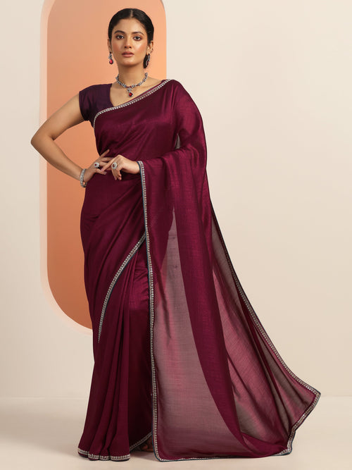 Burgundy Solid Silk Blend Saree With Unstitched Blouse Piece
