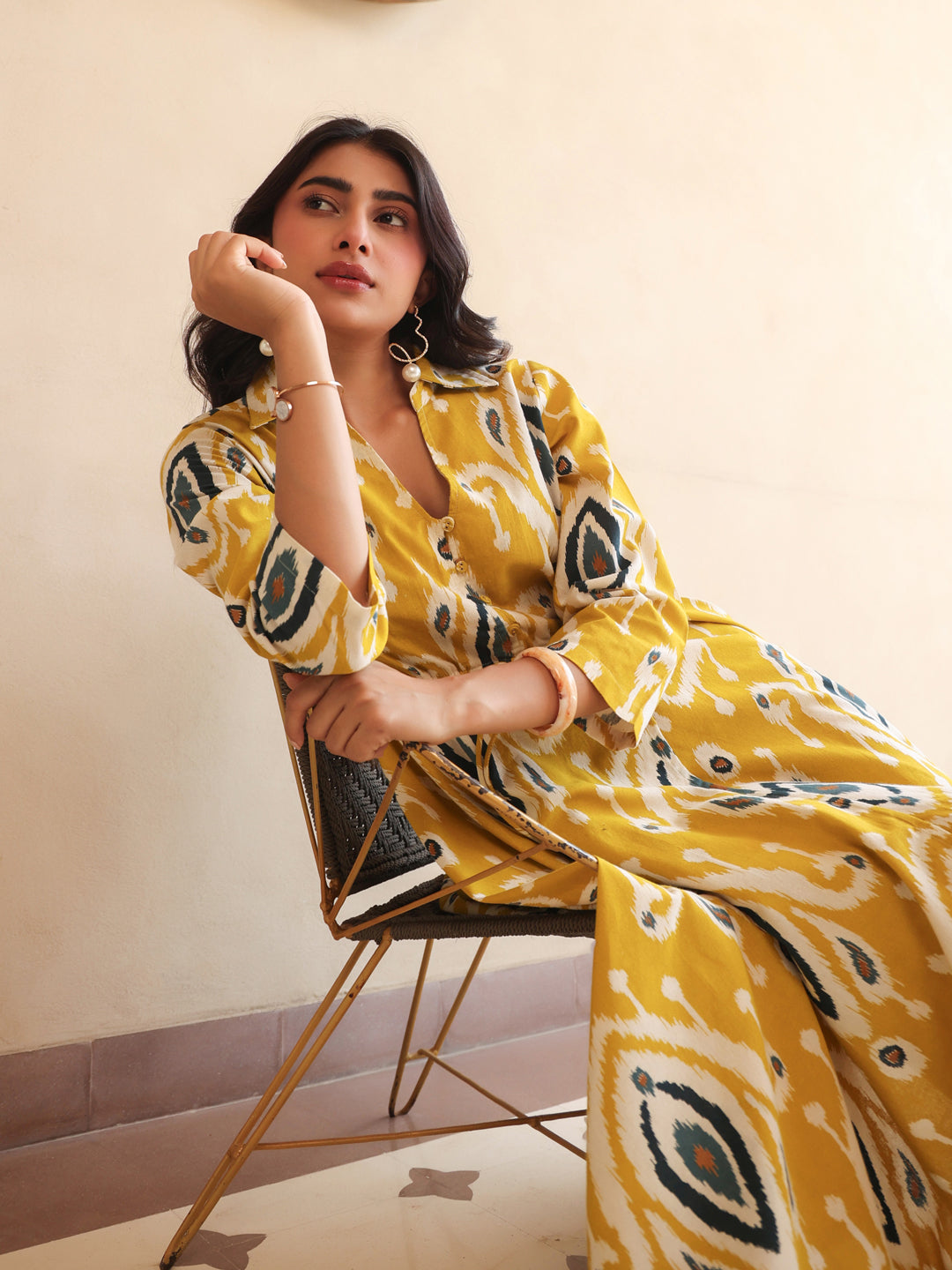 Womens Printed Shirt Collar Fit & Flare Ethnic Dresses