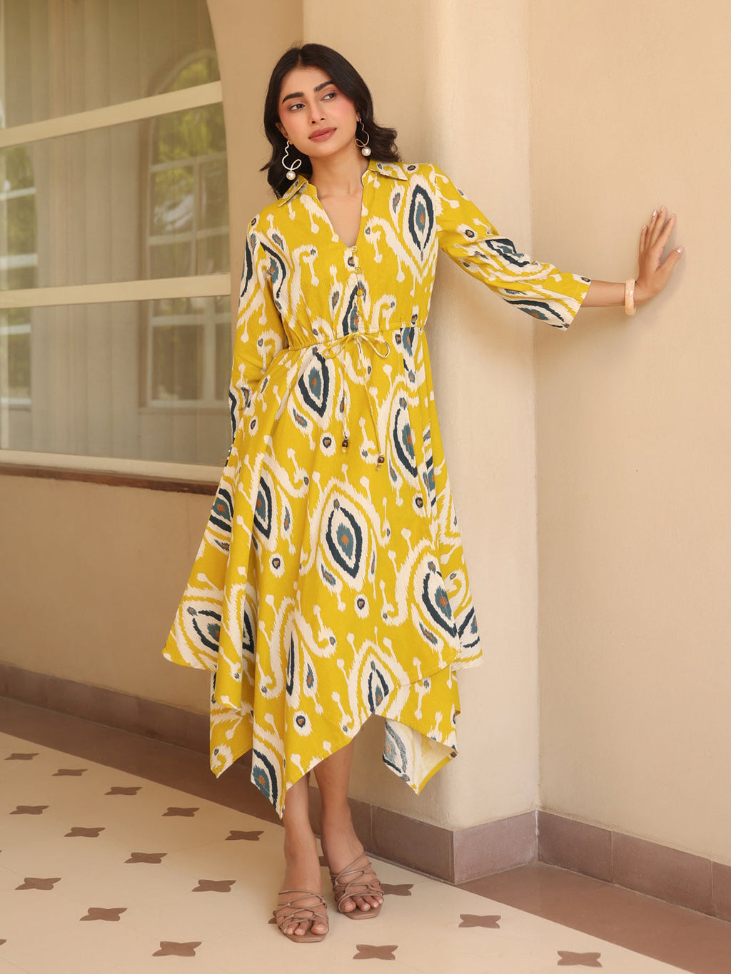 Womens Printed Shirt Collar Fit & Flare Ethnic Dresses