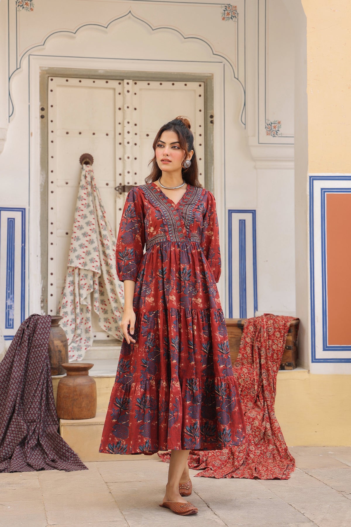 Printed V-Neck Fit and Flare Ethnic Dresses