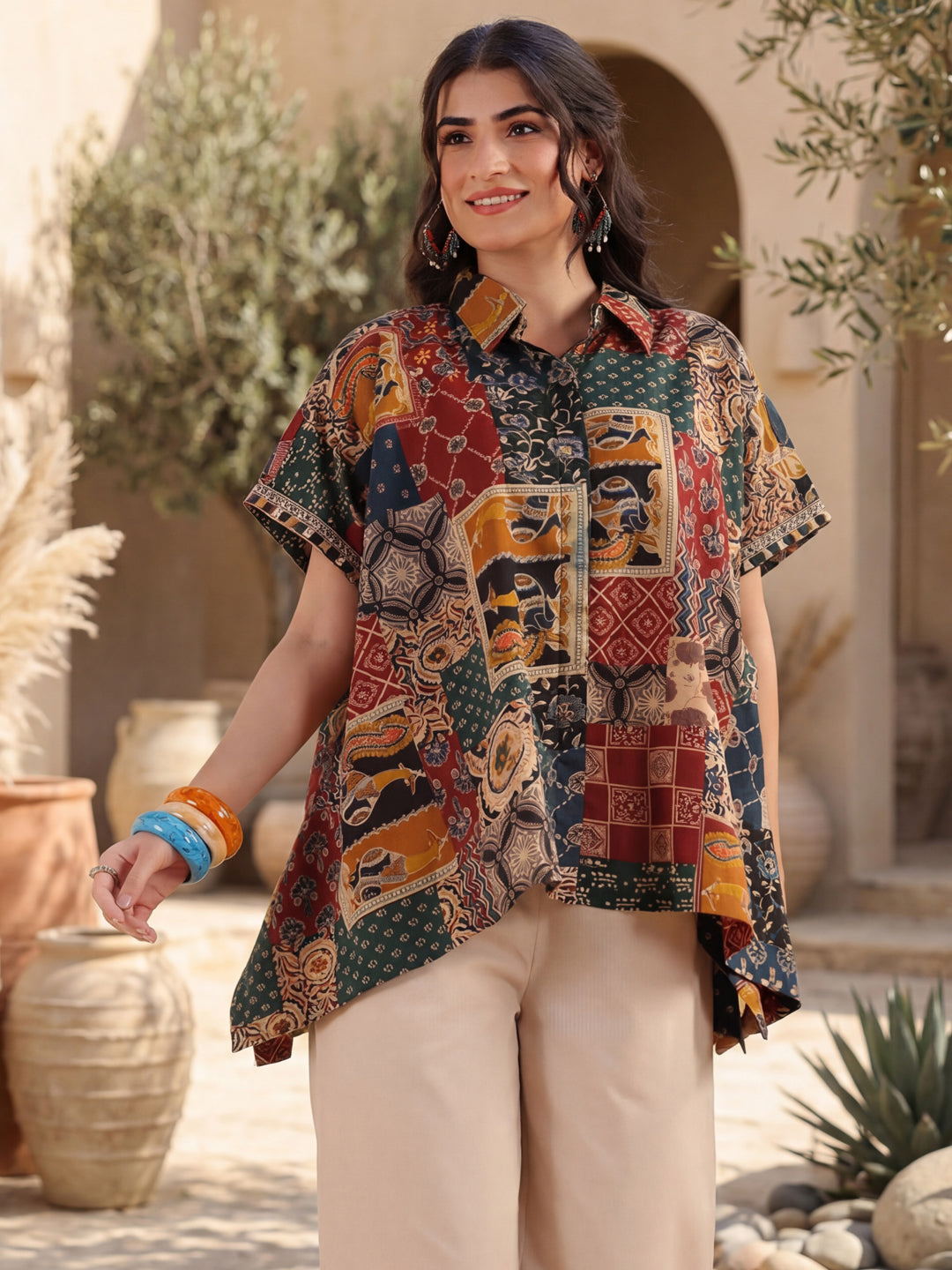 Printed Shirt Collar Cotton Top