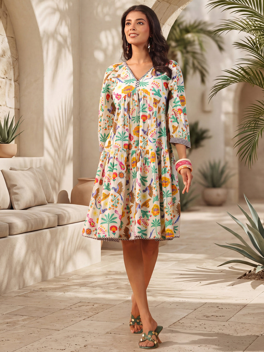 Womens Printed V-Collar Neck Fit & Flare Ethnic Dresses