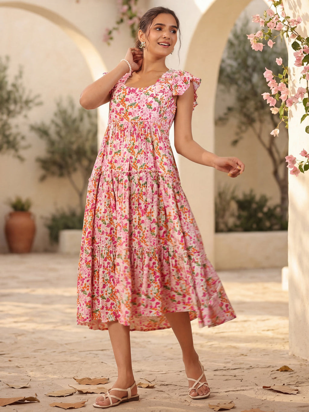 Pink Floral Printed Fit-and-Flare Short Sleeves Dress