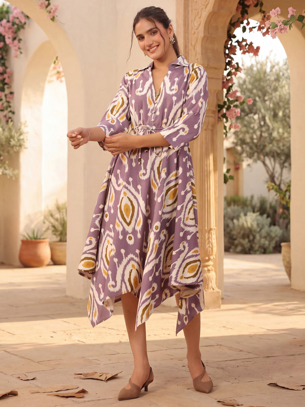 Womens Printed Shirt Collar Fit & Flare Ethnic Dresses