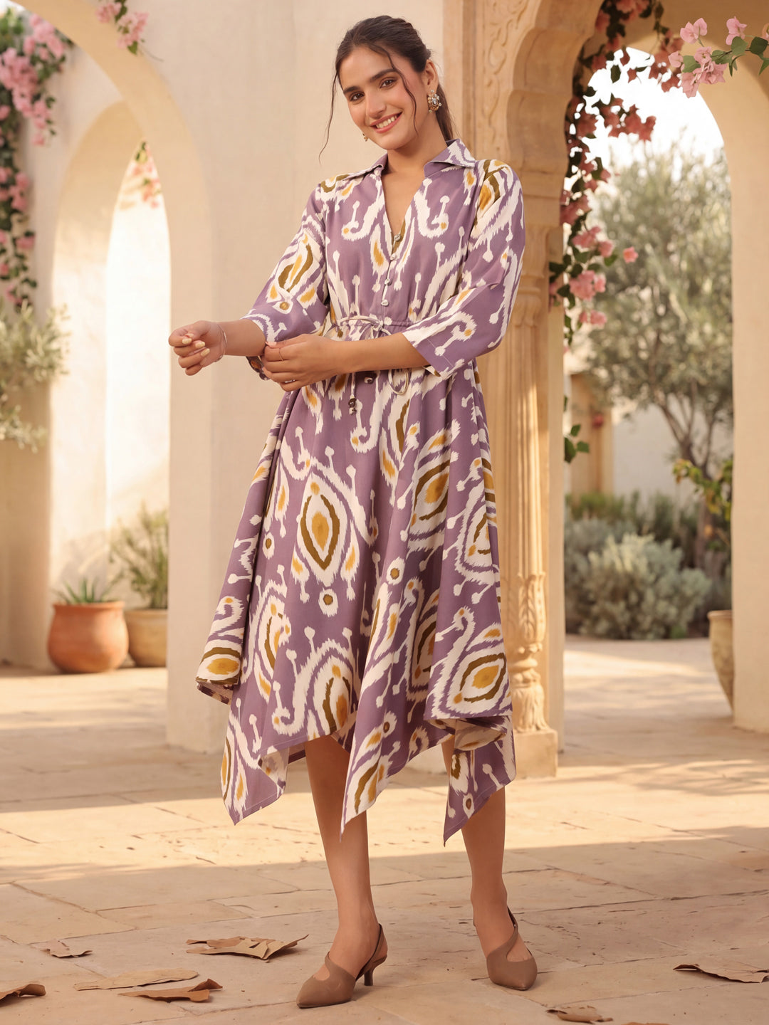Womens Printed Shirt Collar Fit & Flare Ethnic Dresses