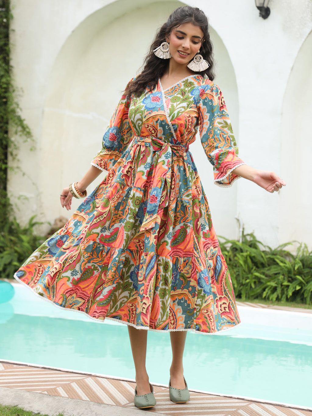 Women Ethnic Motifs Printed V-Neck Fit and Flare Ethnic Dress