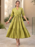 Olive Green Solid Flared Midi Dress with V-Neck Mandarin Collar