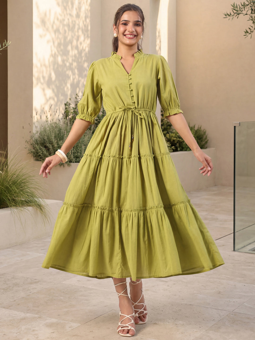Olive Green Solid Flared Midi Dress with V-Neck Mandarin Collar