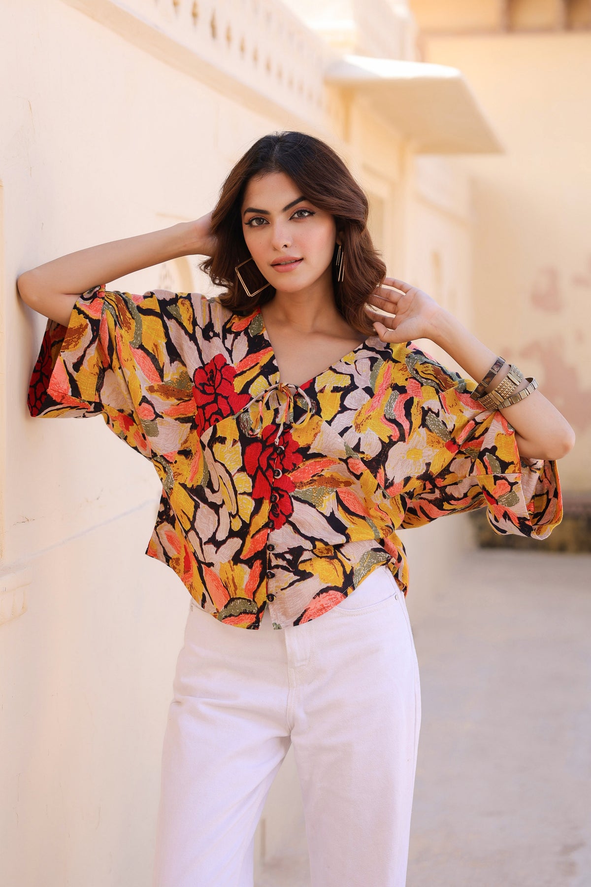 Floral Print Kimono Sleeve Kaftan Top