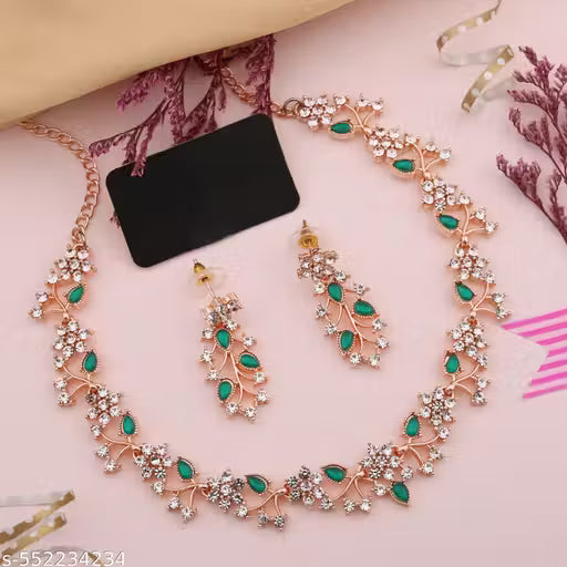 Jewellery Rose Gold-Plated Artificial Stone Studded Necklace Jewellery set with 1 Pair of Earring