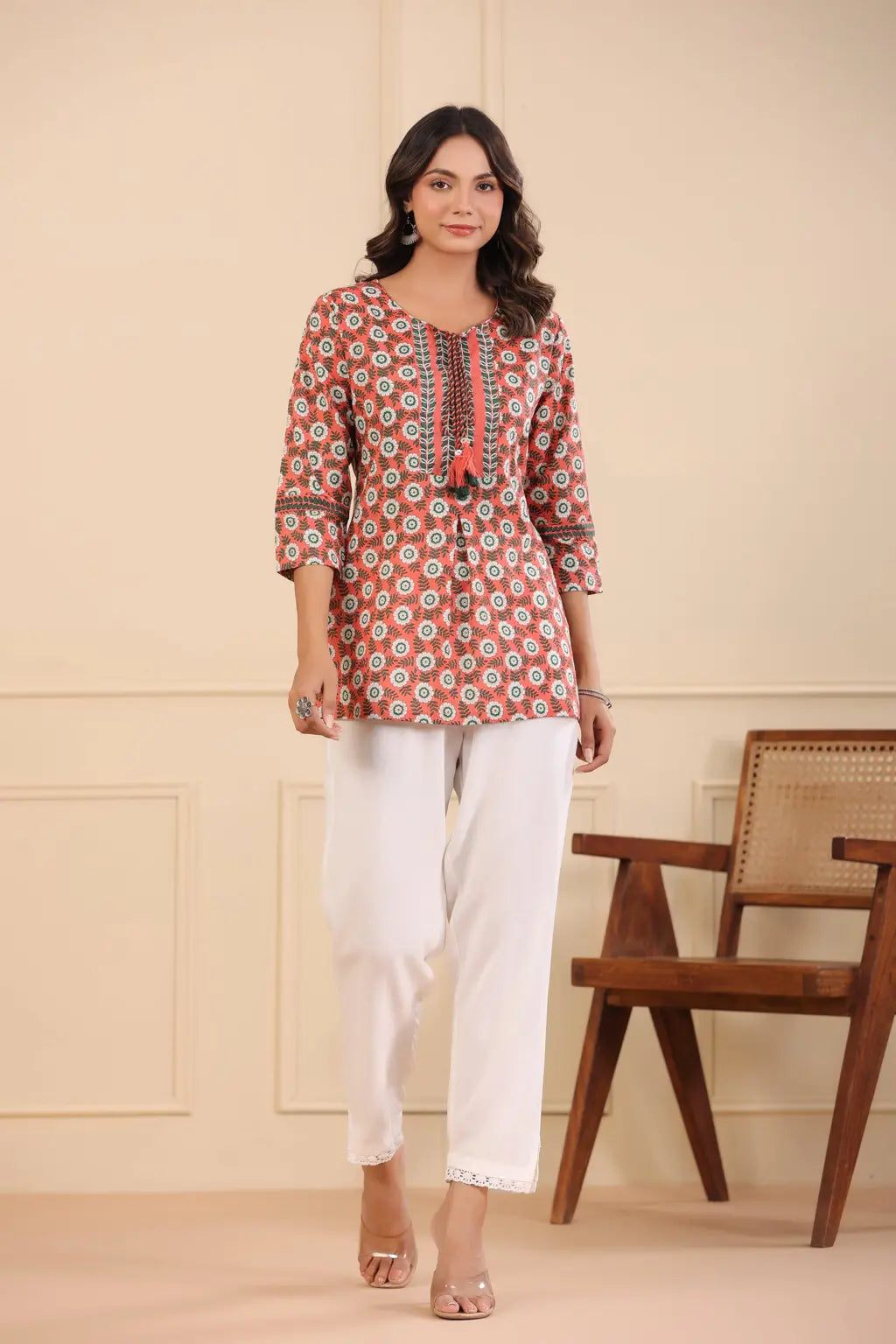 Women Peach Floral Printed Tie Up Neck Pure Cotton Kurti