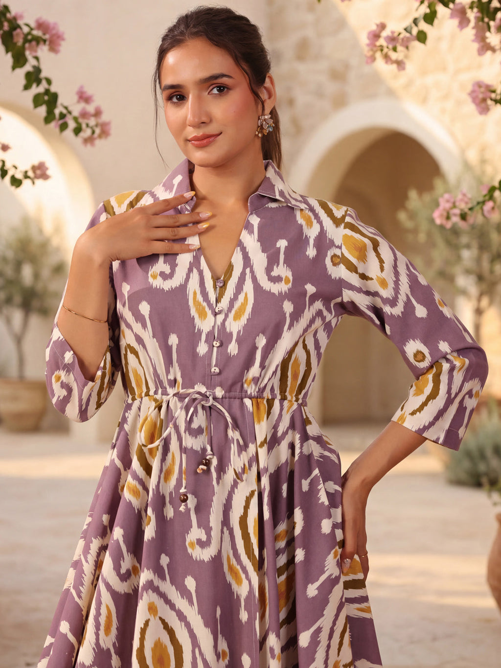 Womens Printed Shirt Collar Fit & Flare Ethnic Dresses