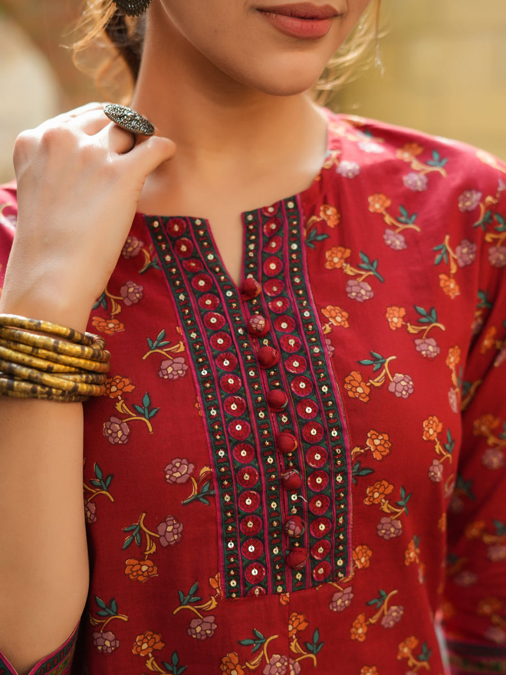 Women Maroon Motifs Printed, Sequinned Pure Cotton Kurti