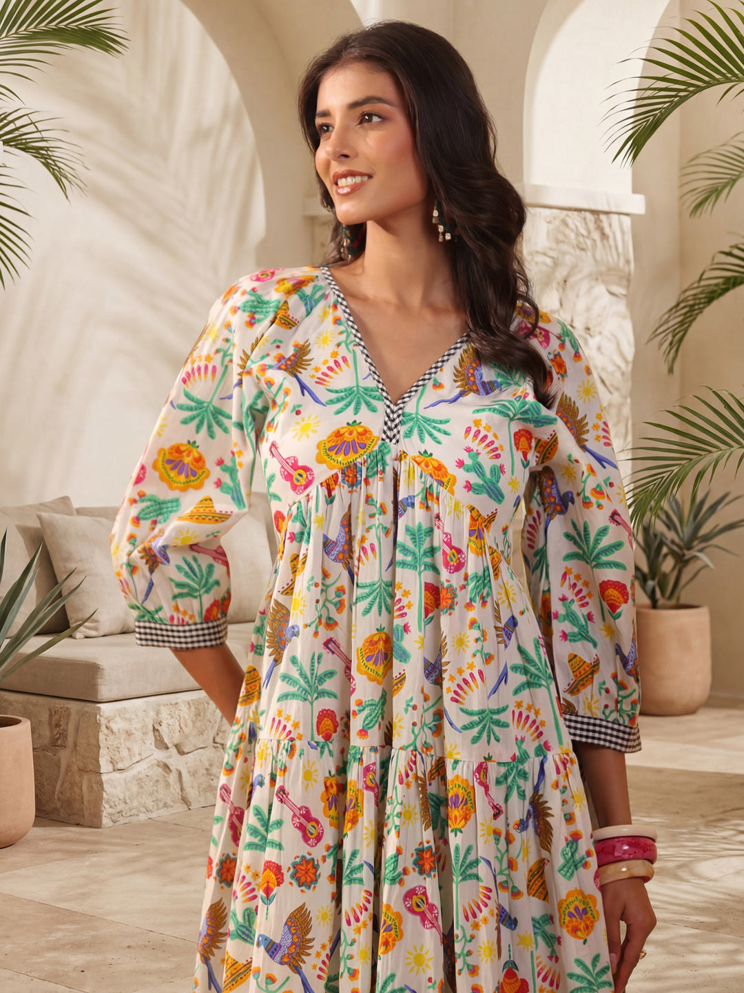 Womens Printed V-Collar Neck Fit & Flare Ethnic Dresses