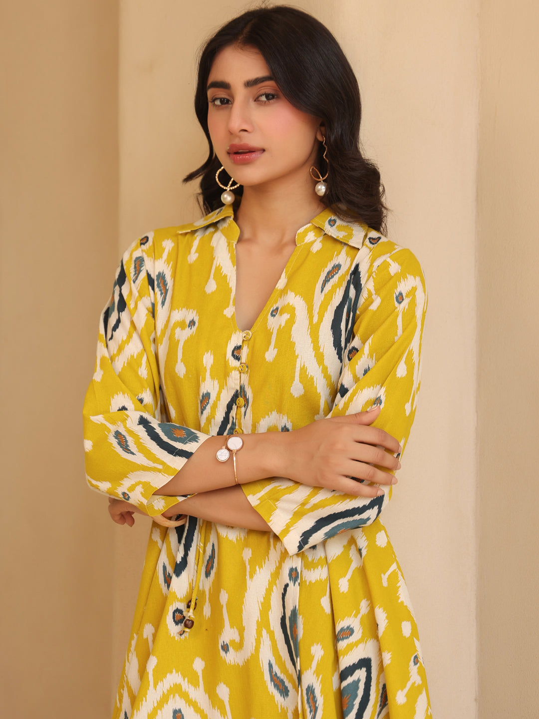 Womens Printed Shirt Collar Fit & Flare Ethnic Dresses