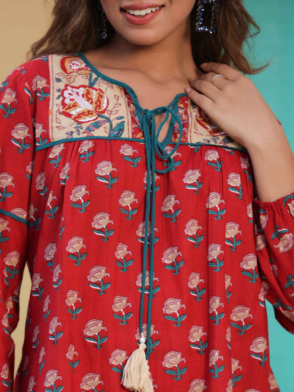 Women Red Floral Printed Pure Cotton A-line Kurti