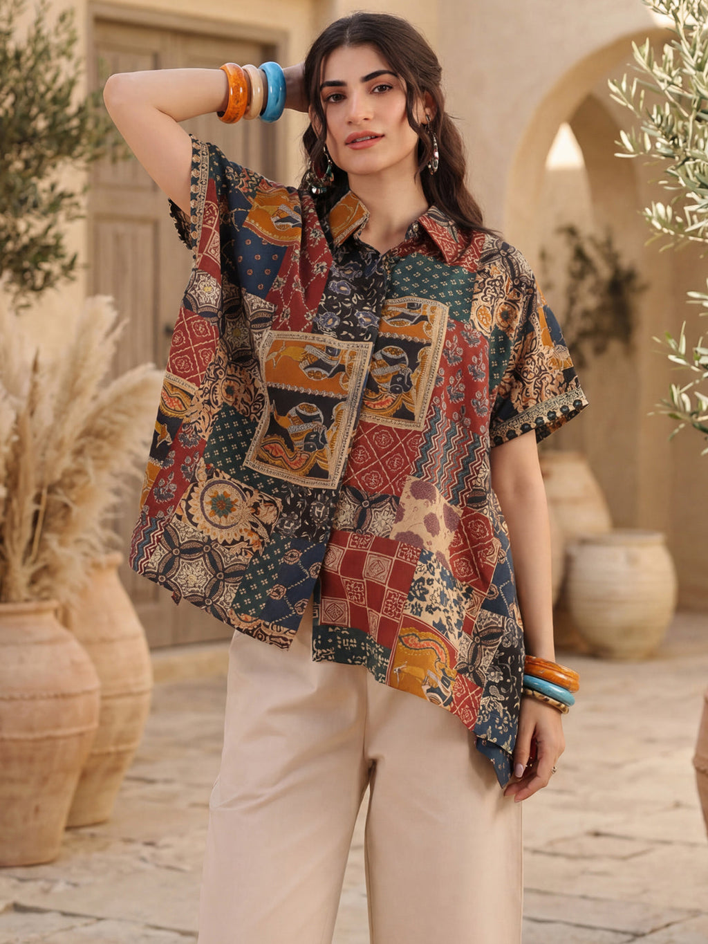 Printed Shirt Collar Cotton Top