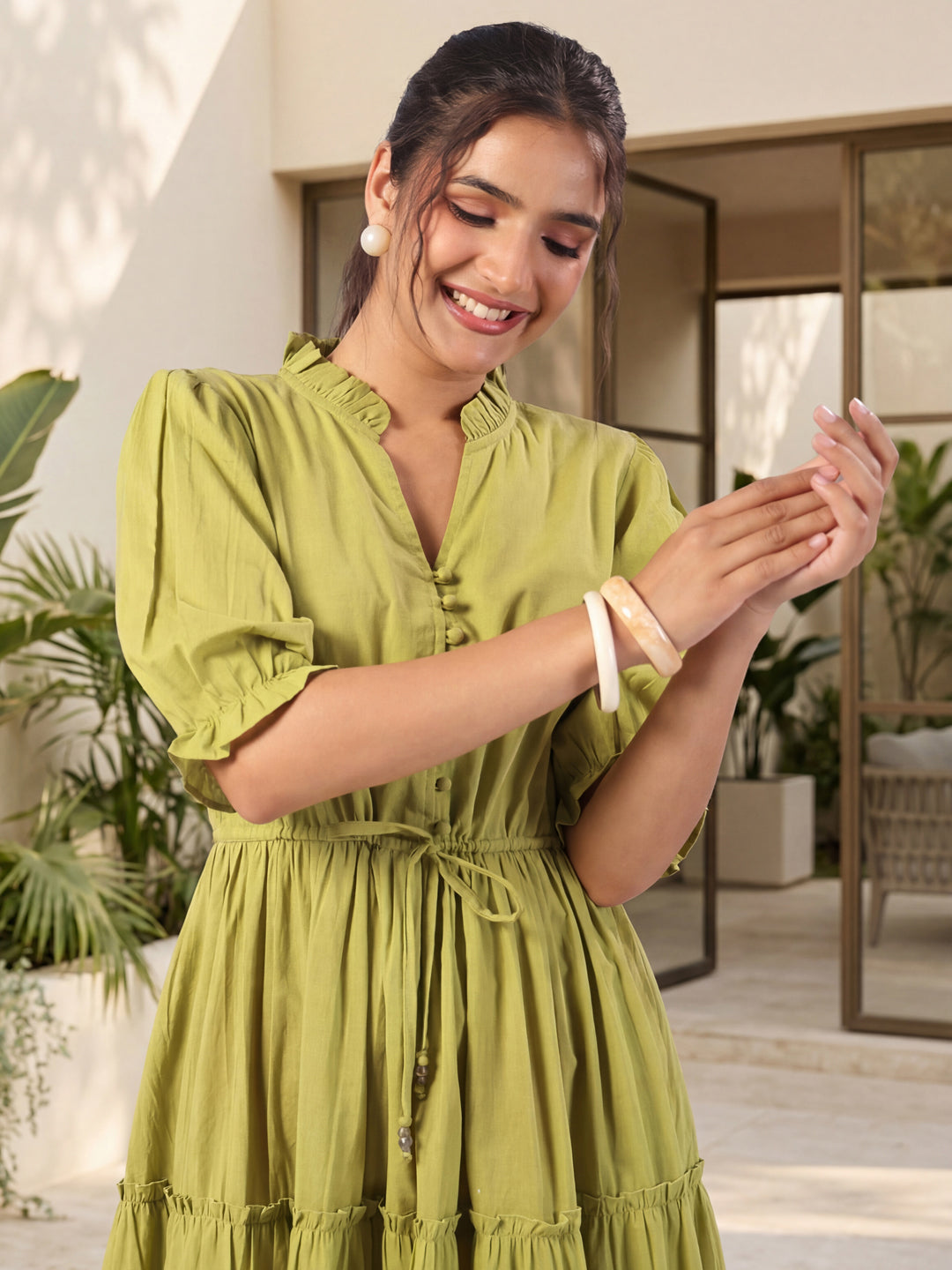Olive Green Solid Flared Midi Dress with V-Neck Mandarin Collar