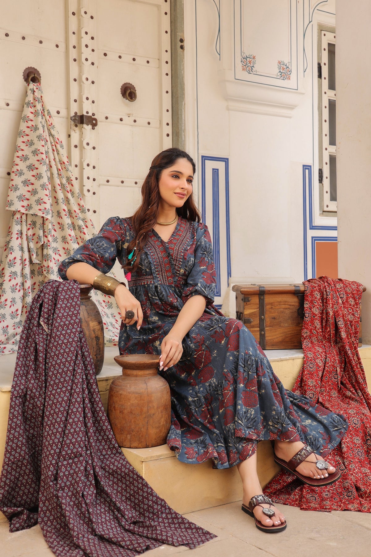 Printed V-Neck Fit and Flare Ethnic Dresses