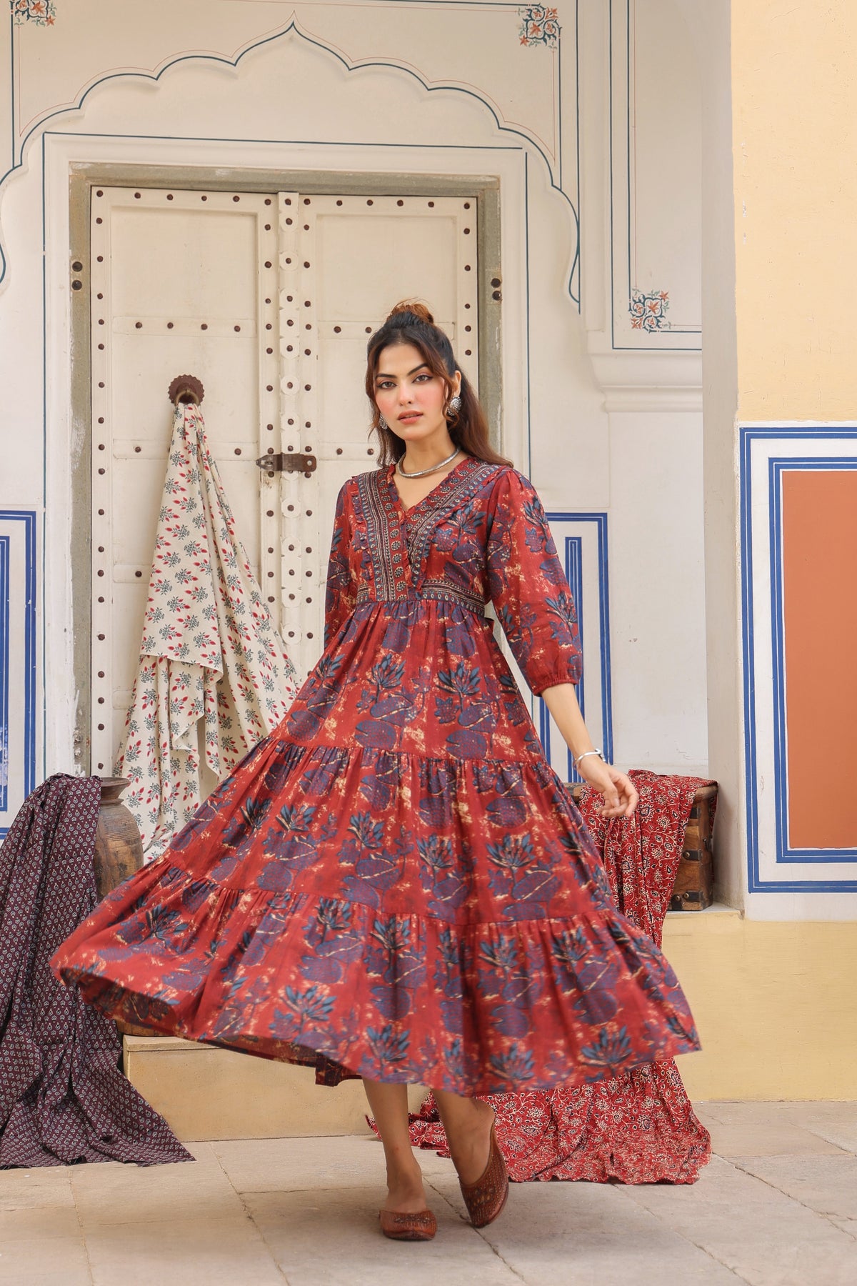 Printed V-Neck Fit and Flare Ethnic Dresses