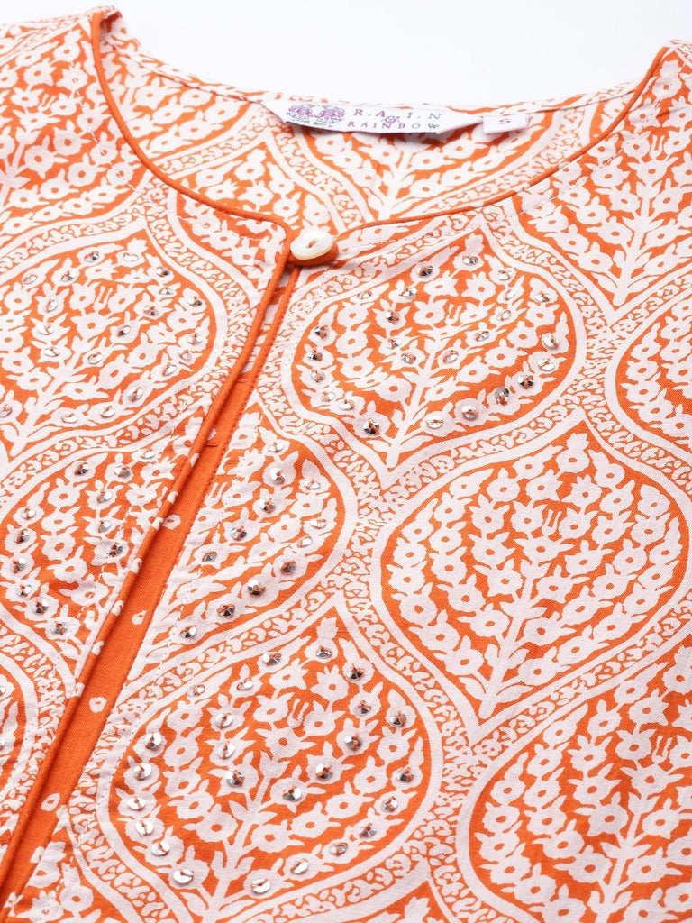 Women Orange & White Ethnic Printed Sequinned Pure Cotton Kurti