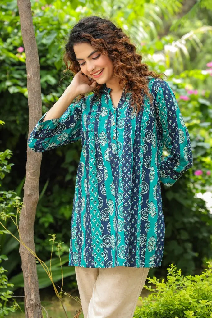 Green & Navy Blue Ethnic Motif Kurti