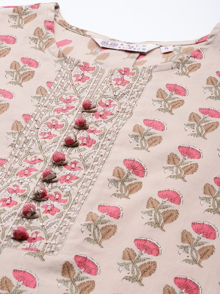 Women Floral Printed Sequinned Cotton A-Line Kurti