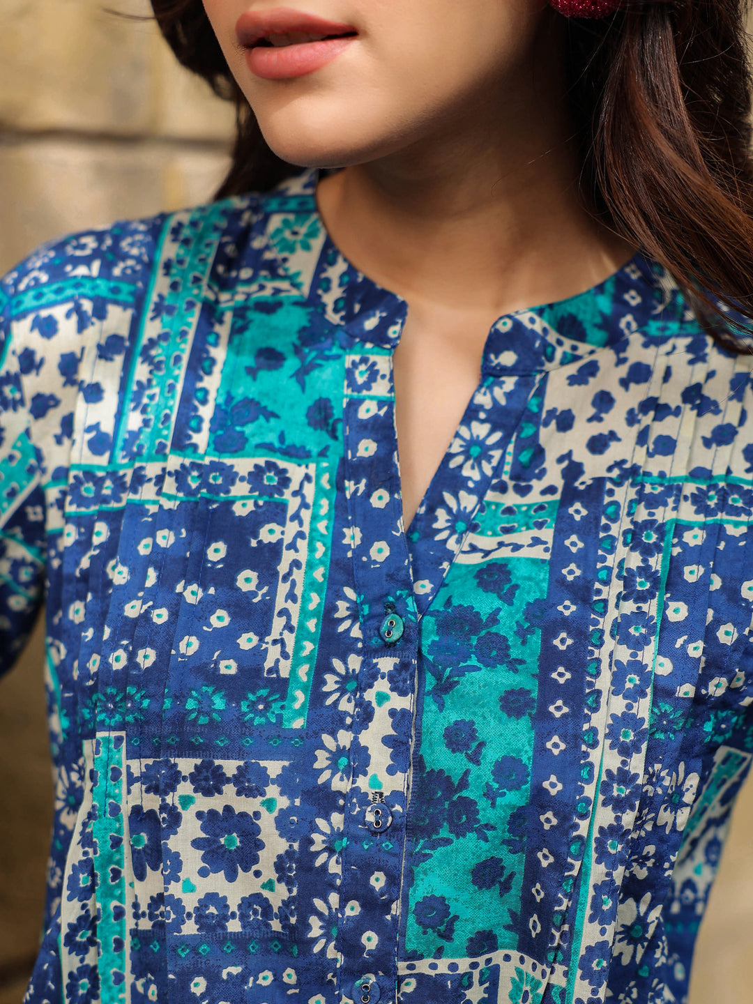 Women Blue Abstract Print A-Line Pure Cotton Kurti