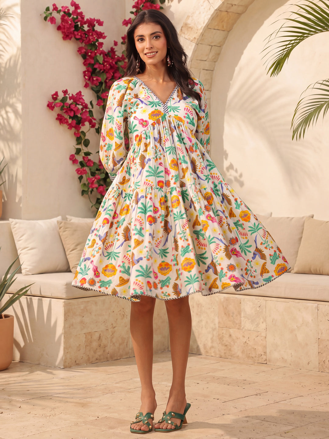 Womens Printed V-Collar Neck Fit & Flare Ethnic Dresses