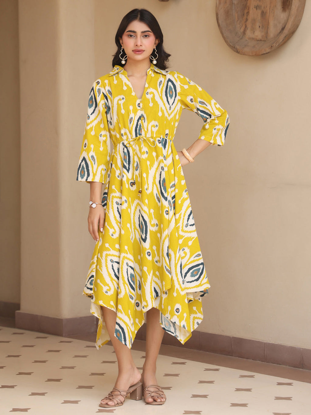 Womens Printed Shirt Collar Fit & Flare Ethnic Dresses