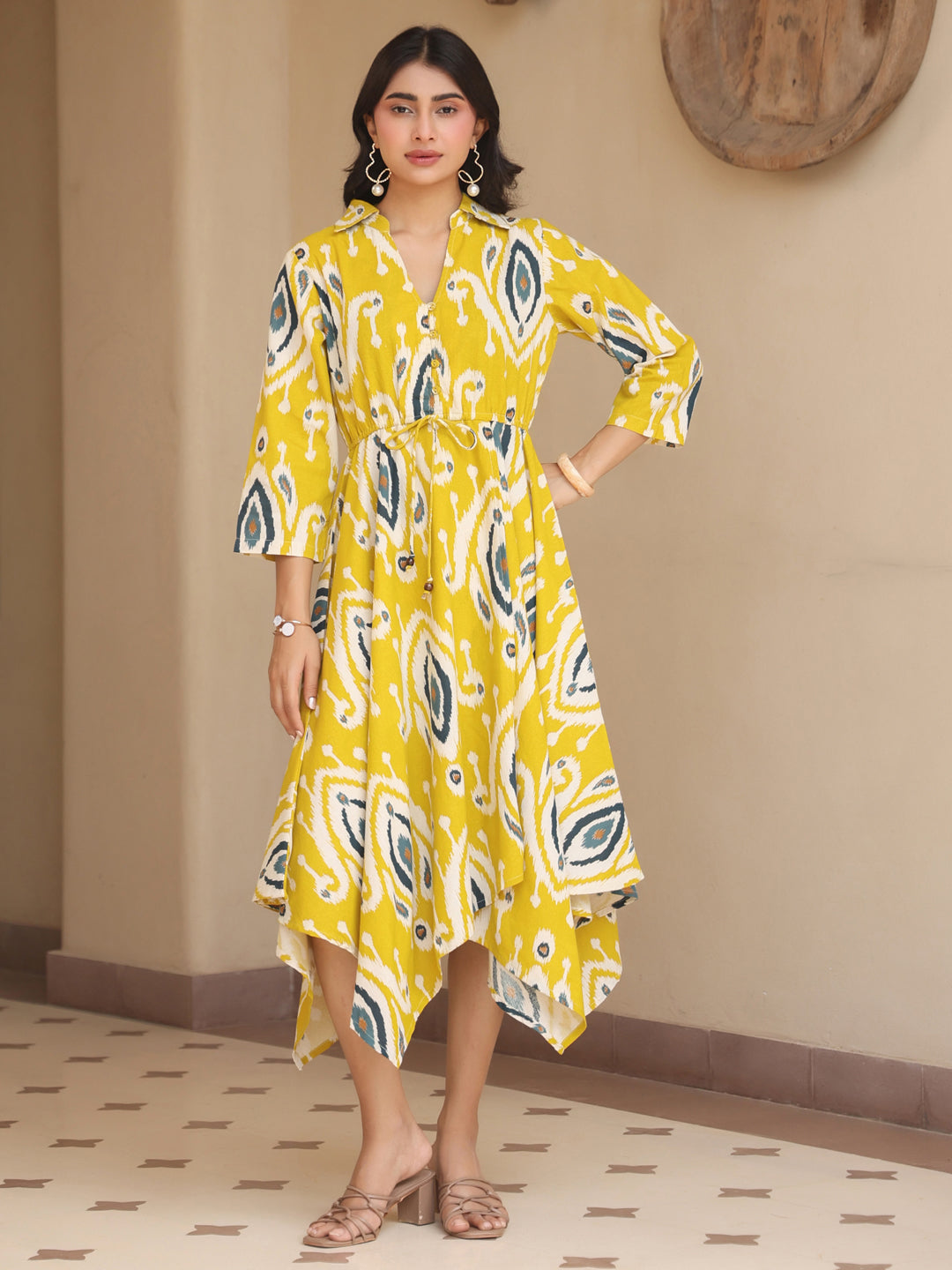 Womens Printed Shirt Collar Fit & Flare Ethnic Dresses