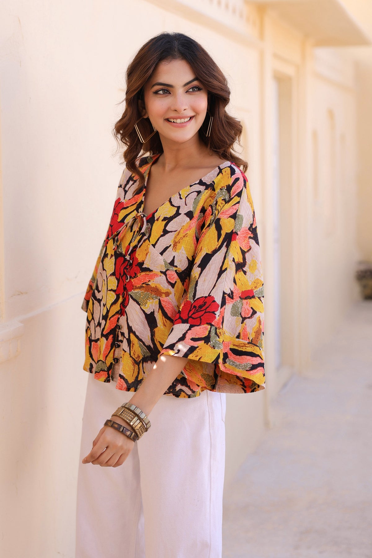 Floral Print Kimono Sleeve Kaftan Top