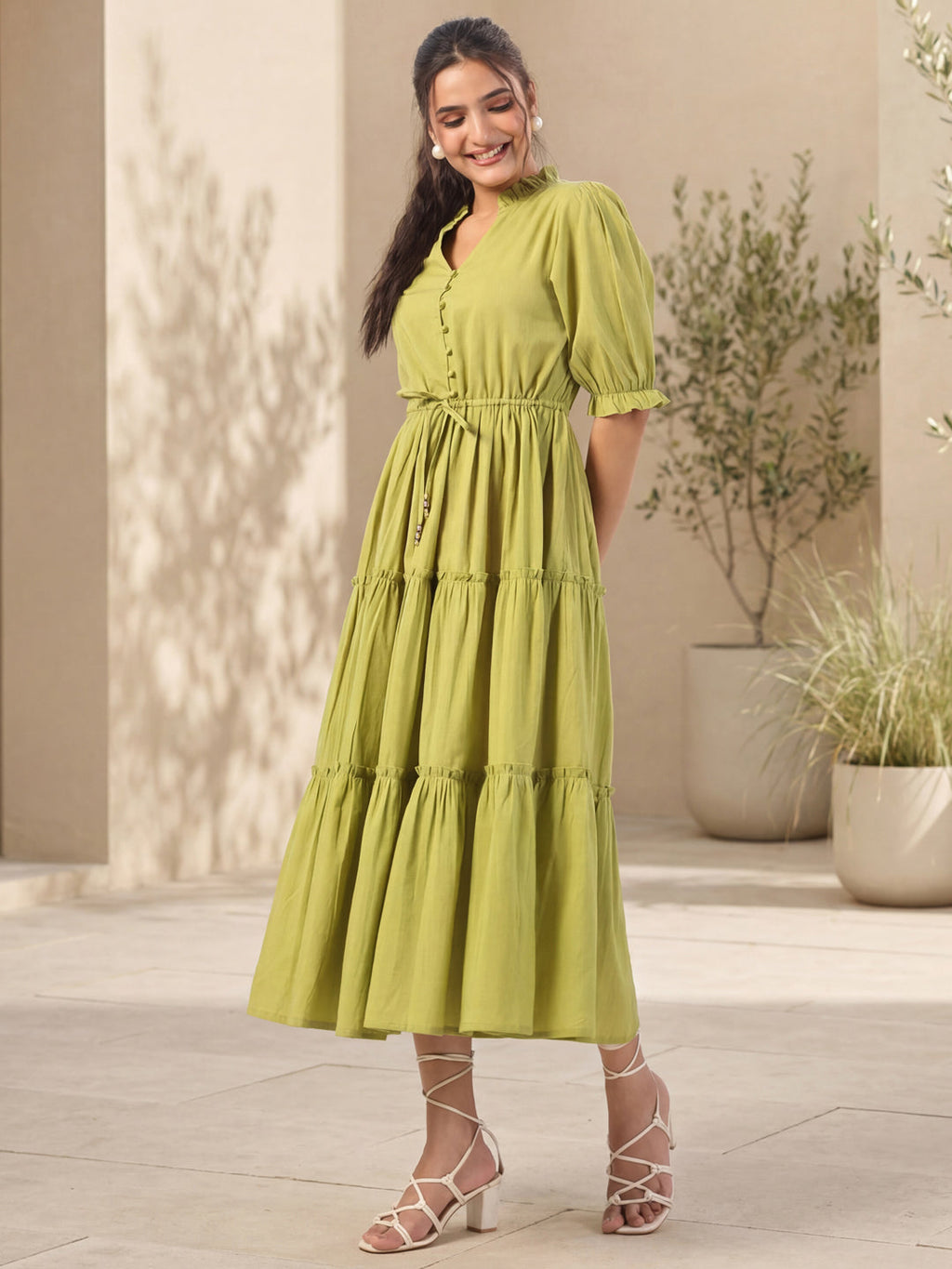 Olive Green Solid Flared Midi Dress with V-Neck Mandarin Collar