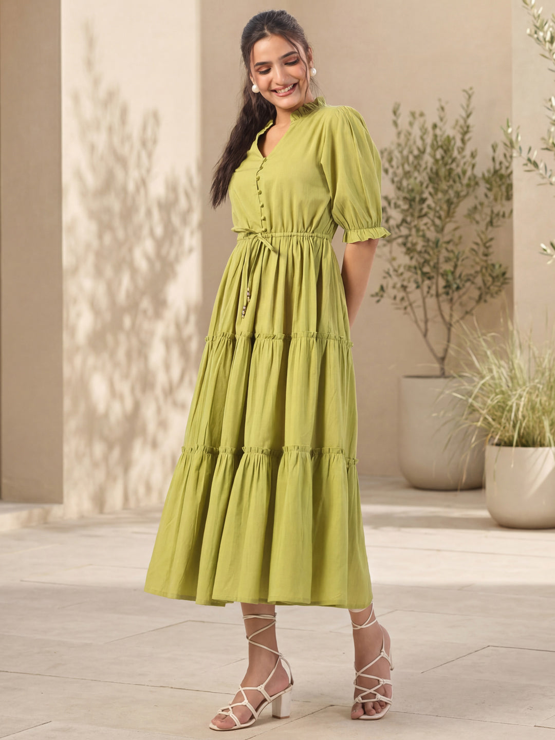 Olive Green Solid Flared Midi Dress with V-Neck Mandarin Collar