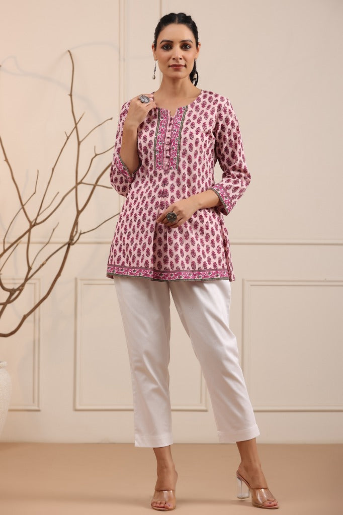 Women Lavender & Pink Printed Sequinned A-line Kurti
