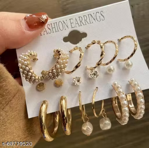 Vembley Combo Of 9 Pair Stunning Gold Plated Pearl Hoop , Drop, Tiny and Studs Earrings for Women & Girls