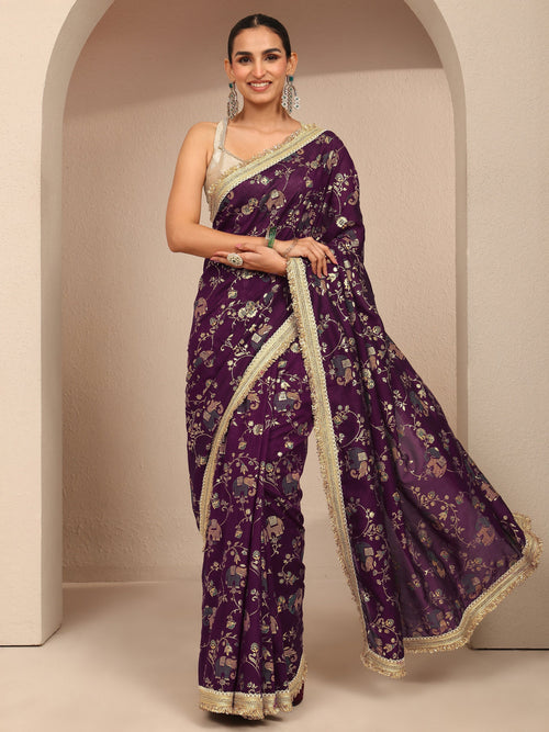 Burgundy Tribal Printed Silk Blend Saree With Unstitched Blouse Piece