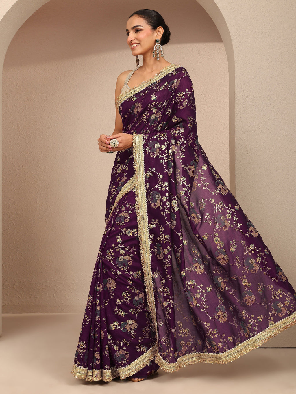 Burgundy Tribal Printed Silk Blend Saree With Unstitched Blouse Piece