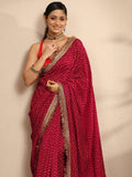 Pink Chevron Printed Silk Blend Saree With Unstitched Blouse Piece
