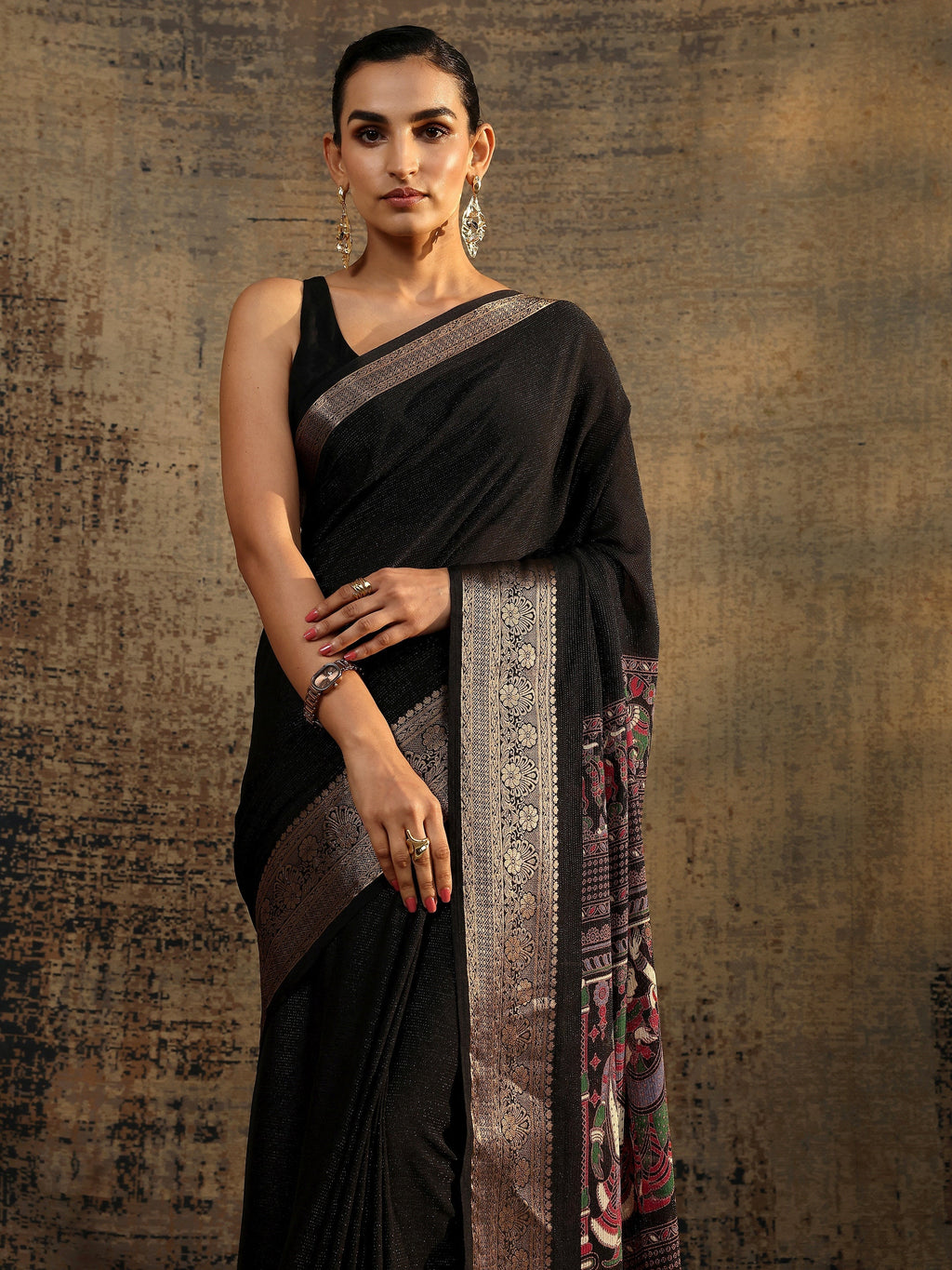Black Solid Silk Blend Saree With Unstitched Blouse Piece