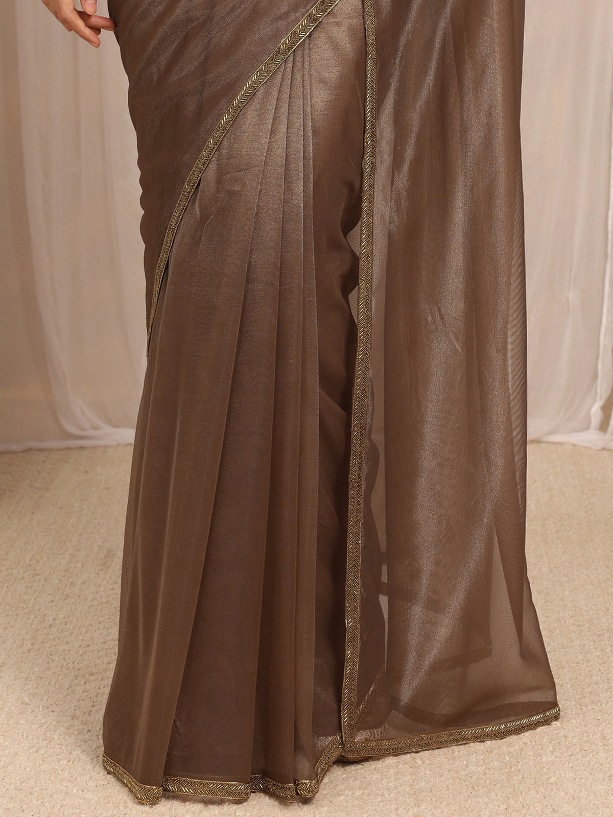 Brown Woven Design Net Saree With Unstitched Blouse Piece
