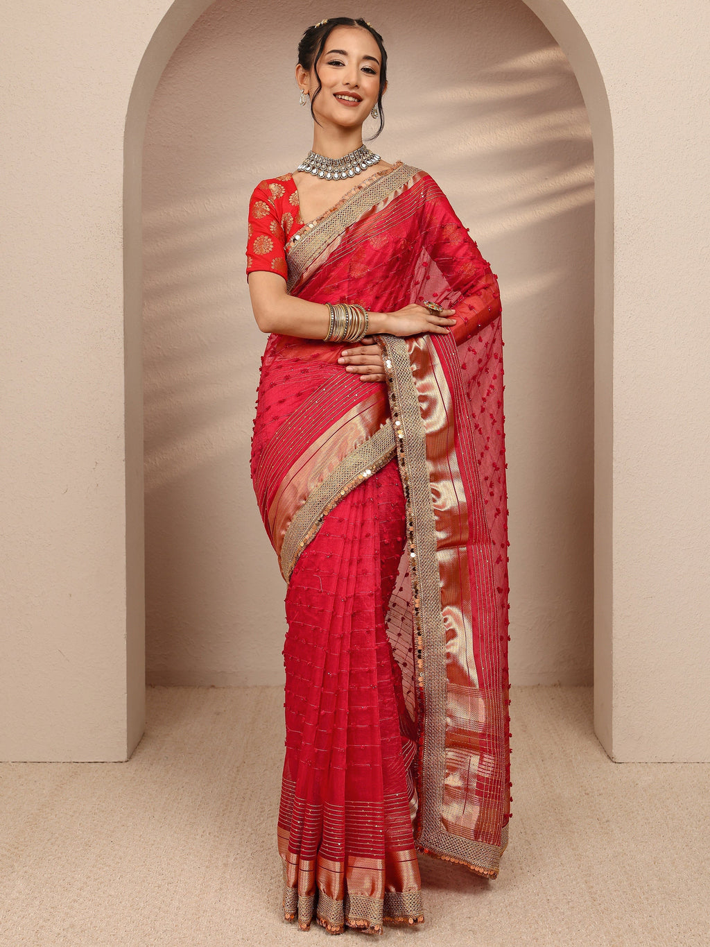 Red Woven Design Chanderi Silk Saree With Unstitched Blouse Piece