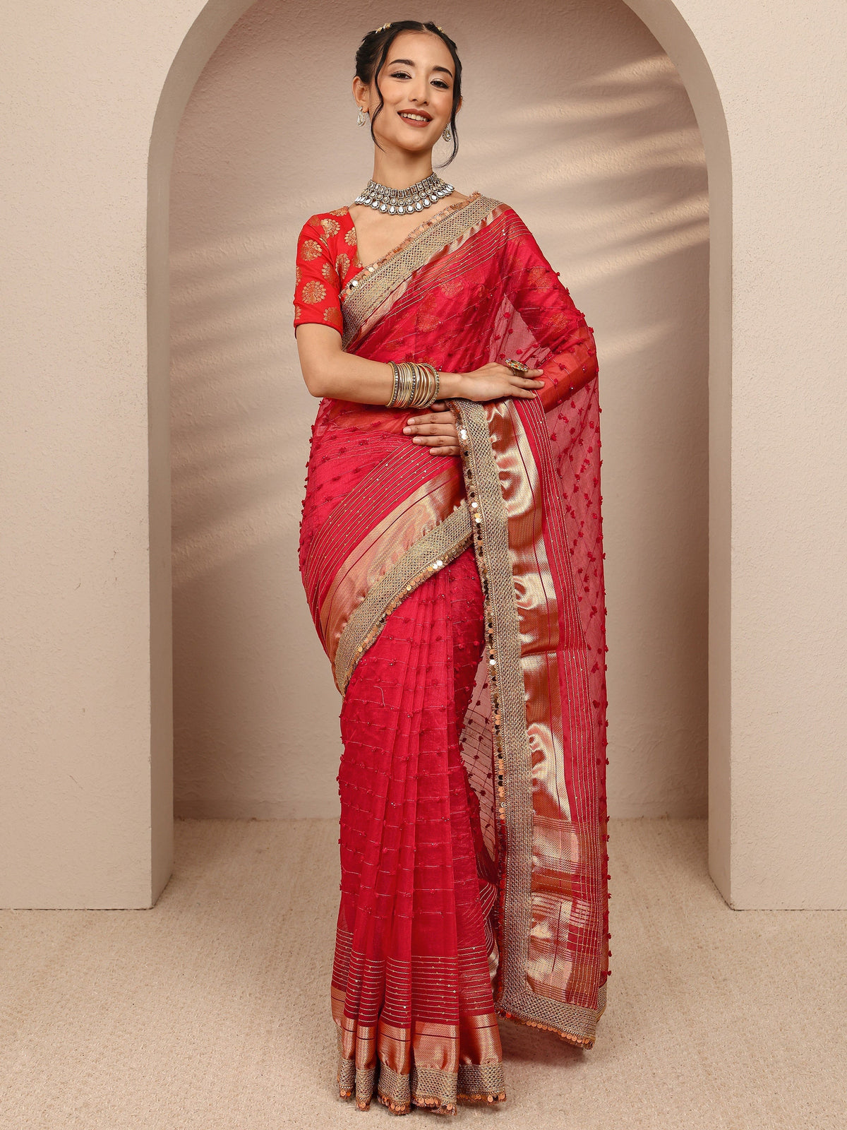 Red Woven Design Chanderi Silk Saree With Unstitched Blouse Piece